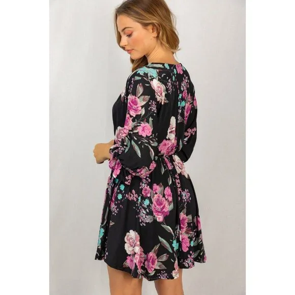 White Birch Floral Poet Sleeve Dress - Picture 3 of 6